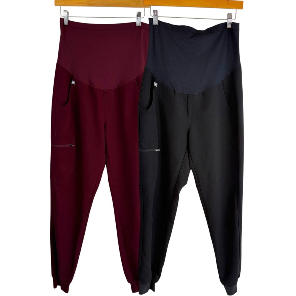 2 Pairs FIGS Zamora Maternity Jogger Scrub Pants Black Burgundy Nursing Lot S